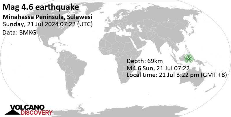 Gempa bumi berkekuatan 4,5 skala sedang – Laut Maluku, 118 km tenggara Gorontalo, Gorontalo, Indonesia, pada hari Minggu, 21 Jul 2024, pukul 03:22 WIB