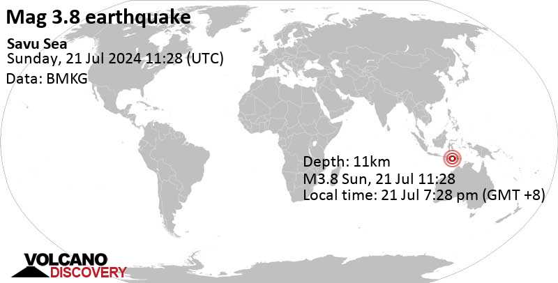 Gempa bumi berkekuatan 3,9 skala Richter – Laut Sawu, 97 km selatan Ende, Nusa Tenggara Timur, Indonesia, pada hari Minggu, 21 Jul 2024, pukul 19:28 WIB