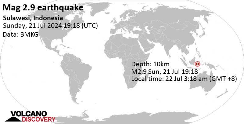 Mag ringan.  Gempa 3,1 – Kabupaten Luwu Timur, Sulawesi Selatan, Indonesia, pada Senin, 22 Juli 2024, pukul 03:18 WIB