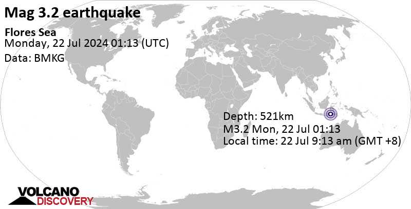 Gempa bumi berkekuatan 3,4 skala Richter – 334 km selatan Watampone, Sulawesi Selatan, Indonesia, pada hari Senin, 22 Jul 2024, pukul 09:13 WIB