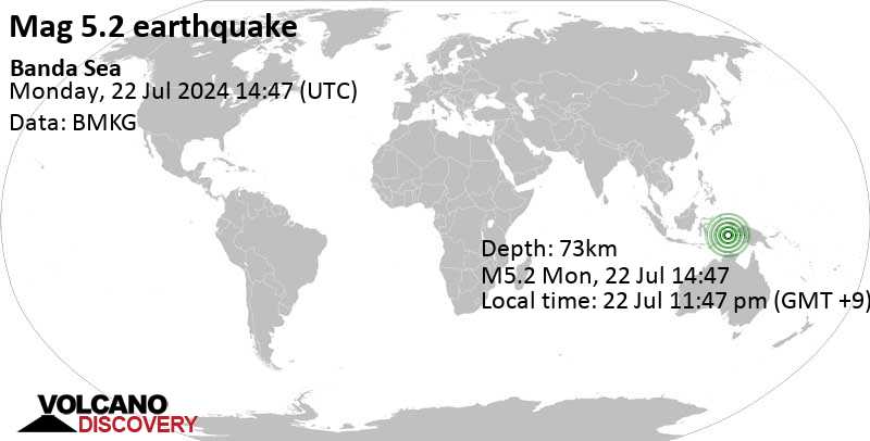 Gempa bumi berkekuatan 5,4 skala Richter mengguncang Laut Banda, 183 km sebelah barat Kota Tual, Tual, Maluku, Indonesia, pada hari Senin, 22 Jul 2024, pukul 23:47 WIB.