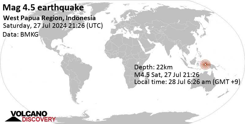 Gempa bumi berkekuatan 4,5 skala Richter – Laut Seram, Maluku, 105 km selatan Pulau Tantaruga, Papua Barat, Indonesia, pada hari Minggu, 28 Jul 2024, pukul 06:26 WIB