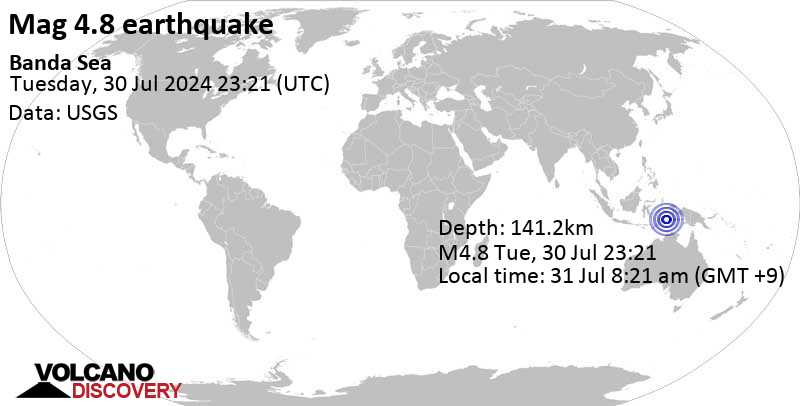 Gempa bumi berkekuatan 4,8 skala Richter mengguncang Laut Banda, 144 km sebelah utara Pulau Metang, Maluku, Indonesia, pada hari Rabu, 31 Jul 2024, pukul 08:21 WIB.