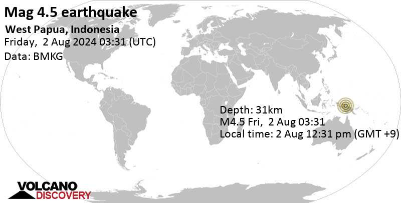 Gempa bumi berkekuatan 4,4 skala Richter mengguncang Kabupaten Keerom, Papua Selatan, 94 km selatan Abepura, Jayapura, Papua, Indonesia, pada hari Jumat, 2 Agustus 2024, pukul 03:31 WIB.