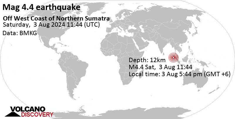 Majalah moderat.  Gempa 4,4 – Samudera Hindia, 86 km sebelah barat Sinabang, Kabupaten Simeulue, Aceh, Indonesia, pada hari Sabtu, 3 Agustus 2024, pukul 17:44 (GMT +6)