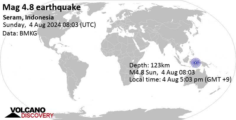 Gempa bumi berkekuatan 4,8 skala Richter mengguncang Laut Banda, 31 km sebelah timur Kota Ambon, Maluku, Indonesia, pada hari Minggu, 4 Agustus 2024, pukul 17.03 WIB.