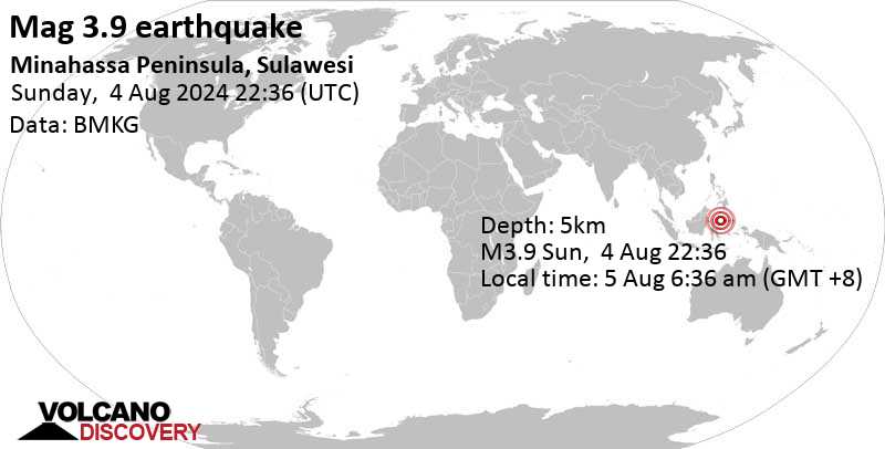 Gempa bumi berkekuatan 3,8 skala Richter – Indonesia: Semenanjung Minahassa, Sulawesi, pada hari Senin, 5 Agustus 2024, pukul 06:36 WIB