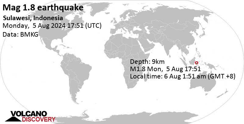 Gempa bumi berkekuatan 1,8 skala Richter – Sulawesi, Indonesia, pada hari Selasa, 6 Agustus 2024, pukul 01:51 WIB