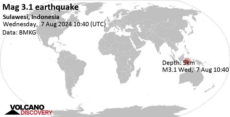 Mag yang lemah.  Gempa 2,9 – Kabupaten Konawe Kepulauan, 10,6 km sebelah barat Kendari, Sulawesi Tenggara, Indonesia, pada Rabu, 7 Agustus 2024, pukul 18:40 WIB