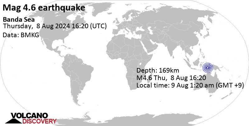 Gempa bumi berkekuatan 4,6 skala sedang – Laut Banda, 237 km timur laut Pulau Metang, Maluku, Indonesia, pada hari Jumat, 9 Agustus 2024, pukul 01:20 WIB