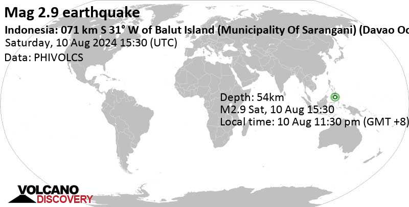 Gempa bumi berkekuatan 2,9 skala Richter – Laut Sulawesi, Indonesia, pada hari Sabtu, 10 Agustus 2024, pukul 23:30 (GMT +8)