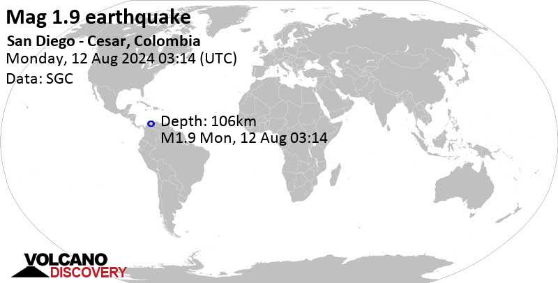 Minor Mag. 1.9 Earthquake - San Diego - Cesar, Colombia, on Sunday, Aug 11,  2024, at 10:14 pm (Bogota Time)