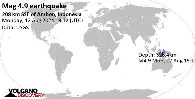 Gempa bumi berkekuatan sedang 4,9 skala Richter – 208 km ke arah tenggara Ambon, Indonesia, pada hari Selasa, 13 Agustus 2024, pukul 04:12 WIB