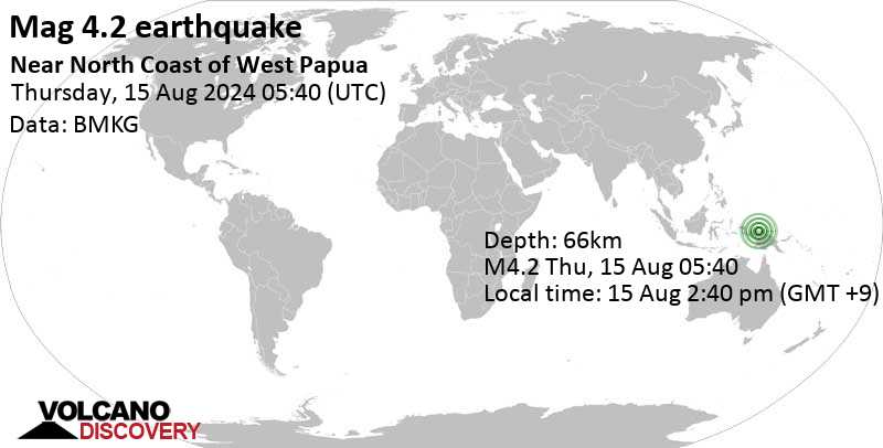 Gempa bumi berkekuatan 4,0 skala Richter mengguncang Kabupaten Sarmi, Papua Selatan, 177 km sebelah barat Jayapura, Indonesia, pada hari Kamis, 15 Agustus 2024, pukul 14:40 WIB.