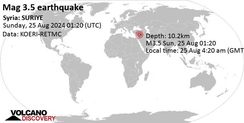 Light Mag. 3.5 Earthquake - 18 km East of Hama, Hama, Syria, on Sunday, Aug  25, 2024, at 04:20 am (Damascus Time)