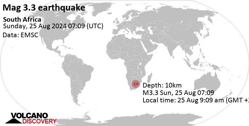 Light mag. 3.3 earthquake – 6.8 km northwest of Orkney, North West, South Africa, on Sunday, Aug 25, 2024, at 09:09 am (Johannesburg time)