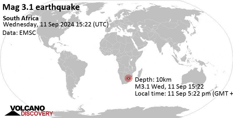 Light mag. 3.1 earthquake – 4.9 km west of Kriel, Mpumalanga, South Africa, on Wednesday, Sep 11, 2024, at 05:22 pm (Johannesburg time) Light mag. 3.1 earthquake – 4.9 km west of Kriel, Mpumalanga, South Africa, on Wednesday, Sep 11, 2024, at 05:22 pm (Johannesburg time)