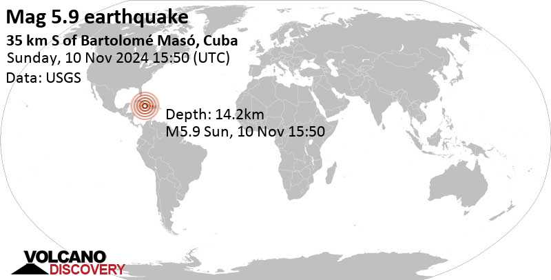 Strong Mag. 5.9 Earthquake - Caribbean Sea, 35 km South of Bartolomé Maso,  Granma, Cuba, on Sunday, Nov 10, 2024, at 10:50 am (Havana Time)