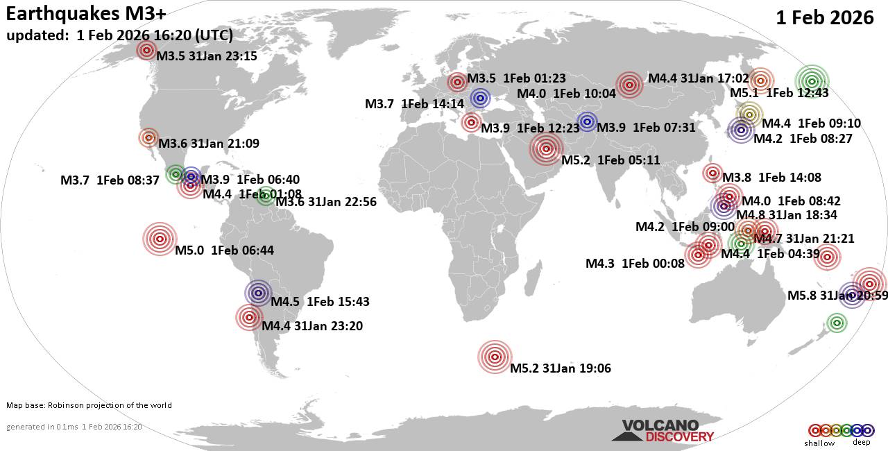World Earthquake Report for Sunday,  1 February 2026