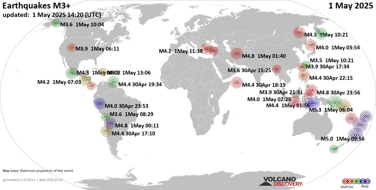 Carte du monde montrant les séismes supérieurs à la magnitude 3 jeudi,  1 mai 2025