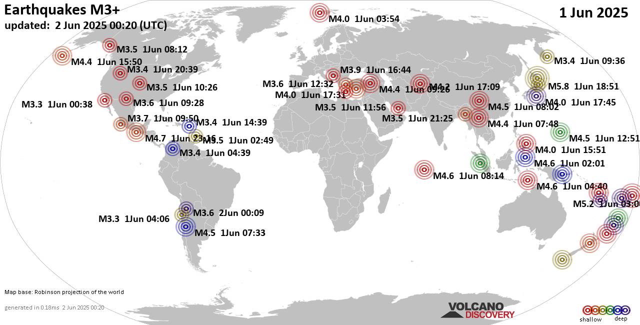 World Earthquake Report for Sunday, 1 June 2025