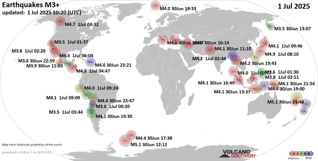 World Earthquake Report for Tuesday,  1 July 2025