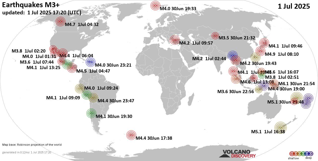 Carte du monde montrant les séismes supérieurs à la magnitude 3 mardi,  1 juillet 2025
