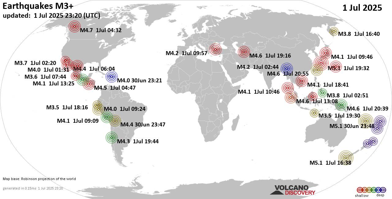 Worldwide earthquakes above magnitude 3 during the past 24 hours on  1 Jul 2025