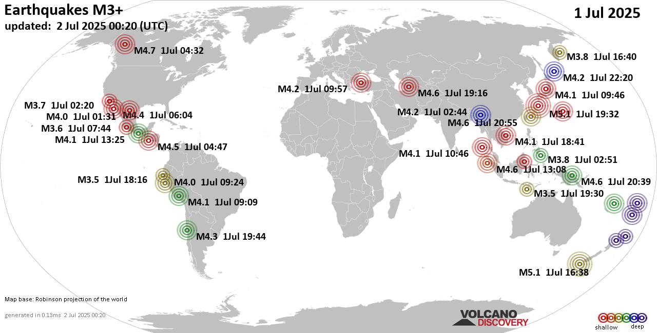 Worldwide earthquakes above magnitude 3 during the past 24 hours on  2 Jul 2025