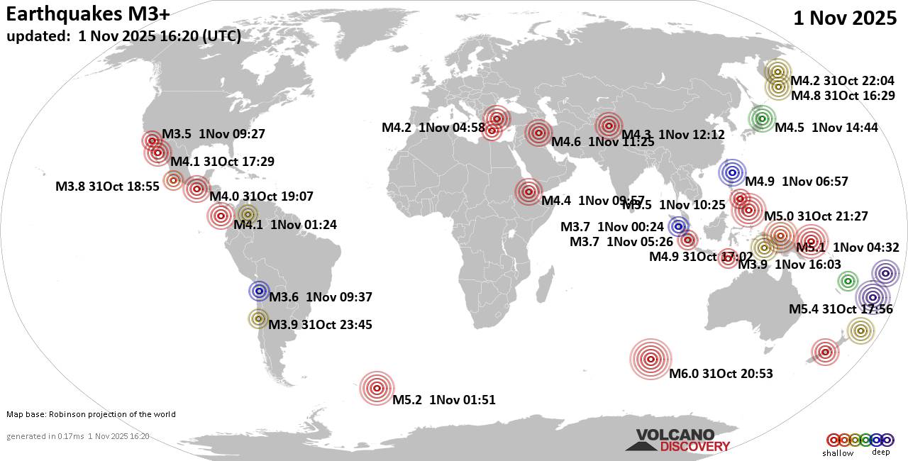 Worldwide earthquakes above magnitude 3 during the past 24 hours on  1 Nov 2025
