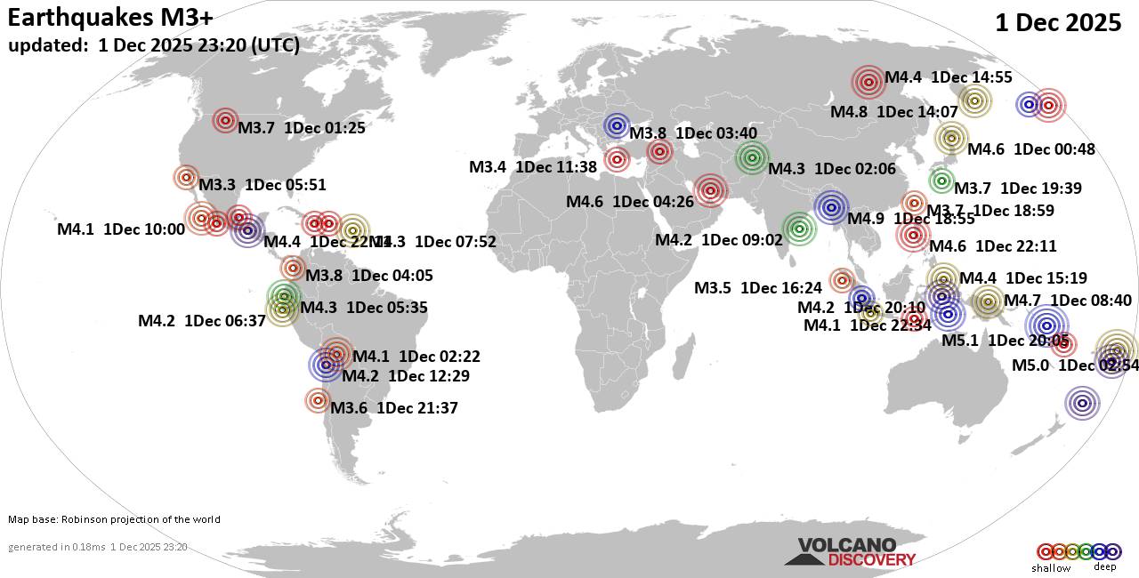 World Earthquake Report for Monday,  1 December 2025