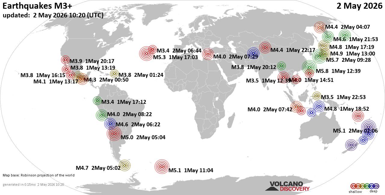 Worldwide earthquakes above magnitude 3 during the past 24 hours on  2 May 2026