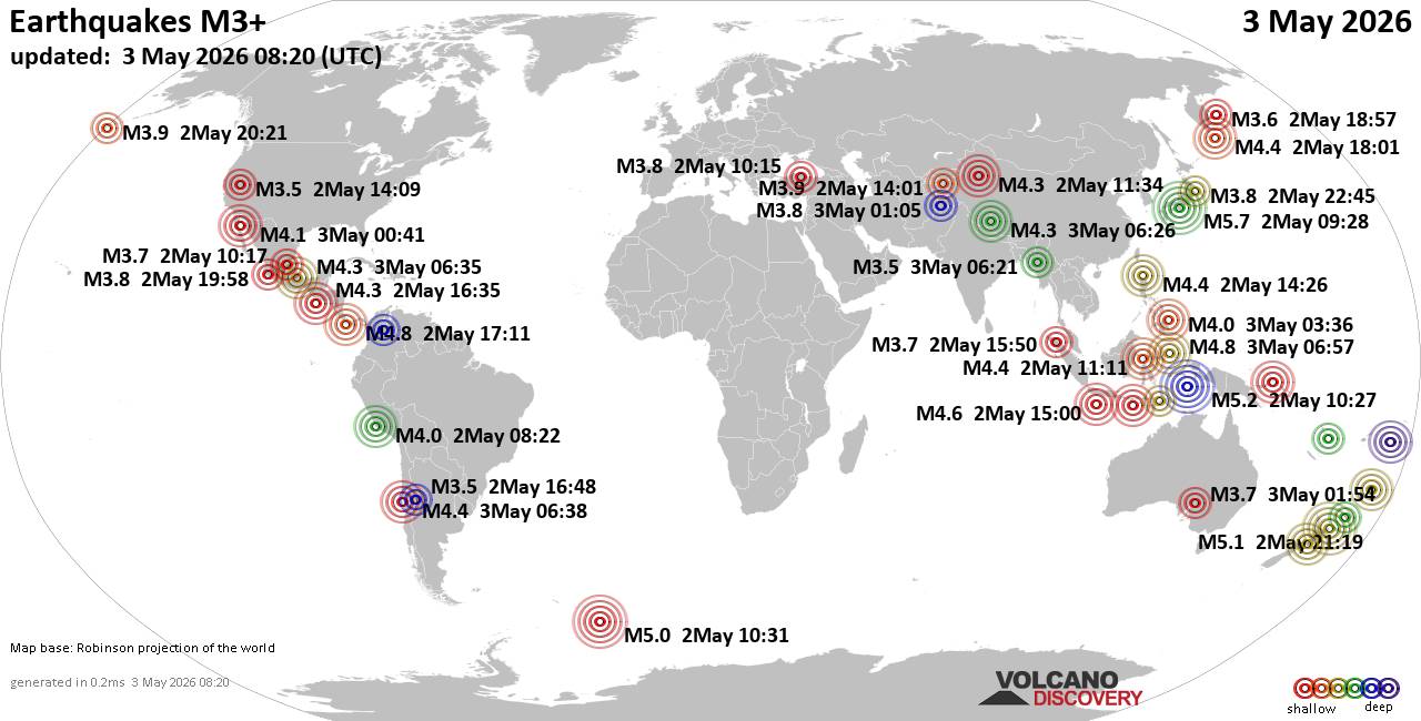 World Earthquake Report for Sunday,  3 May 2026