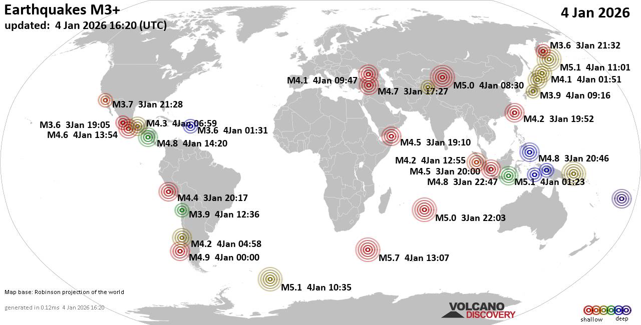 World Earthquake Report for Sunday,  4 January 2026