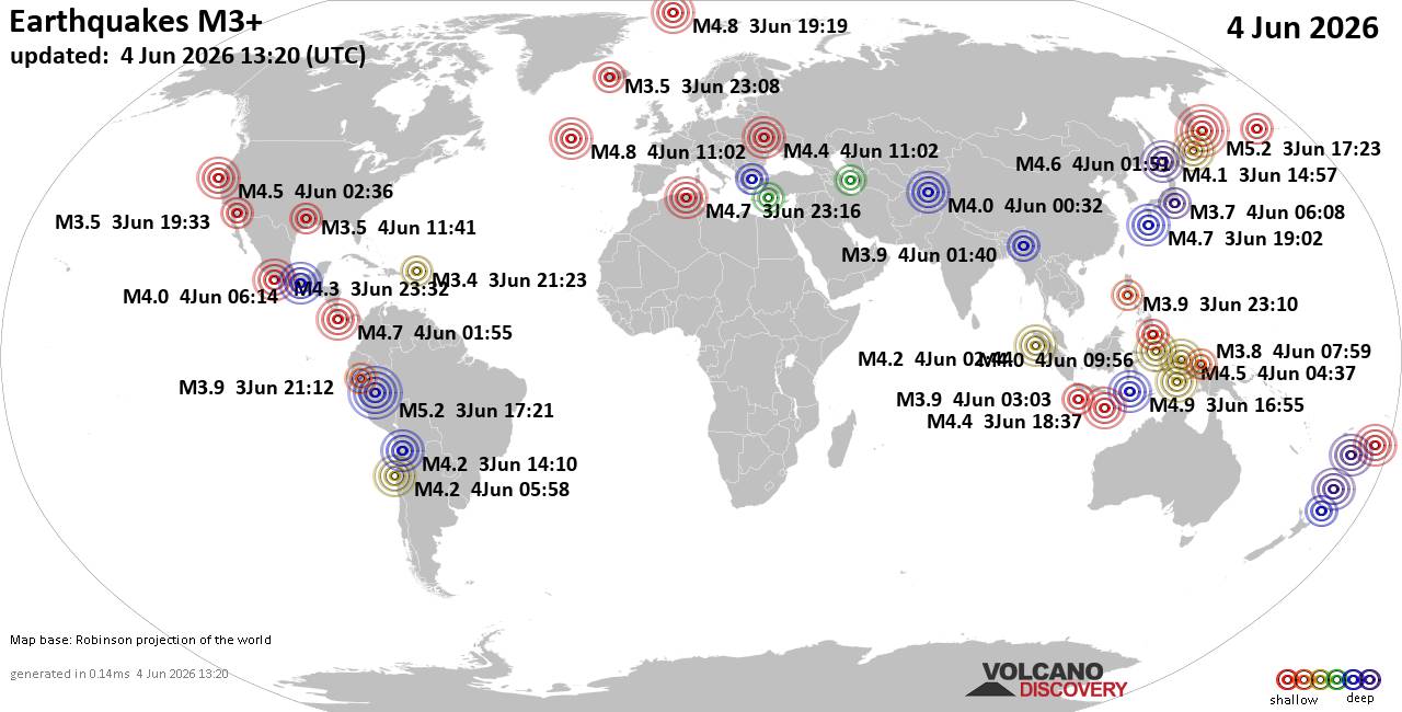 World Earthquake Report for Thursday,  4 June 2026
			