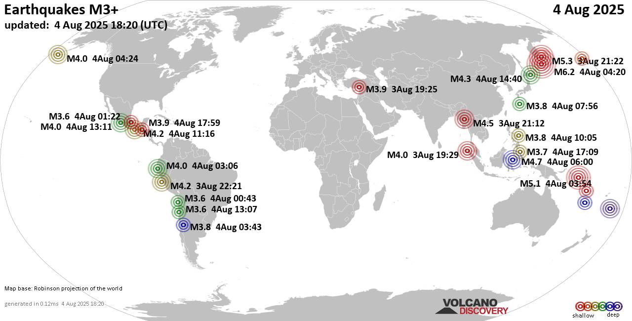 Worldwide earthquakes above magnitude 3 during the past 24 hours on  4 Aug 2025