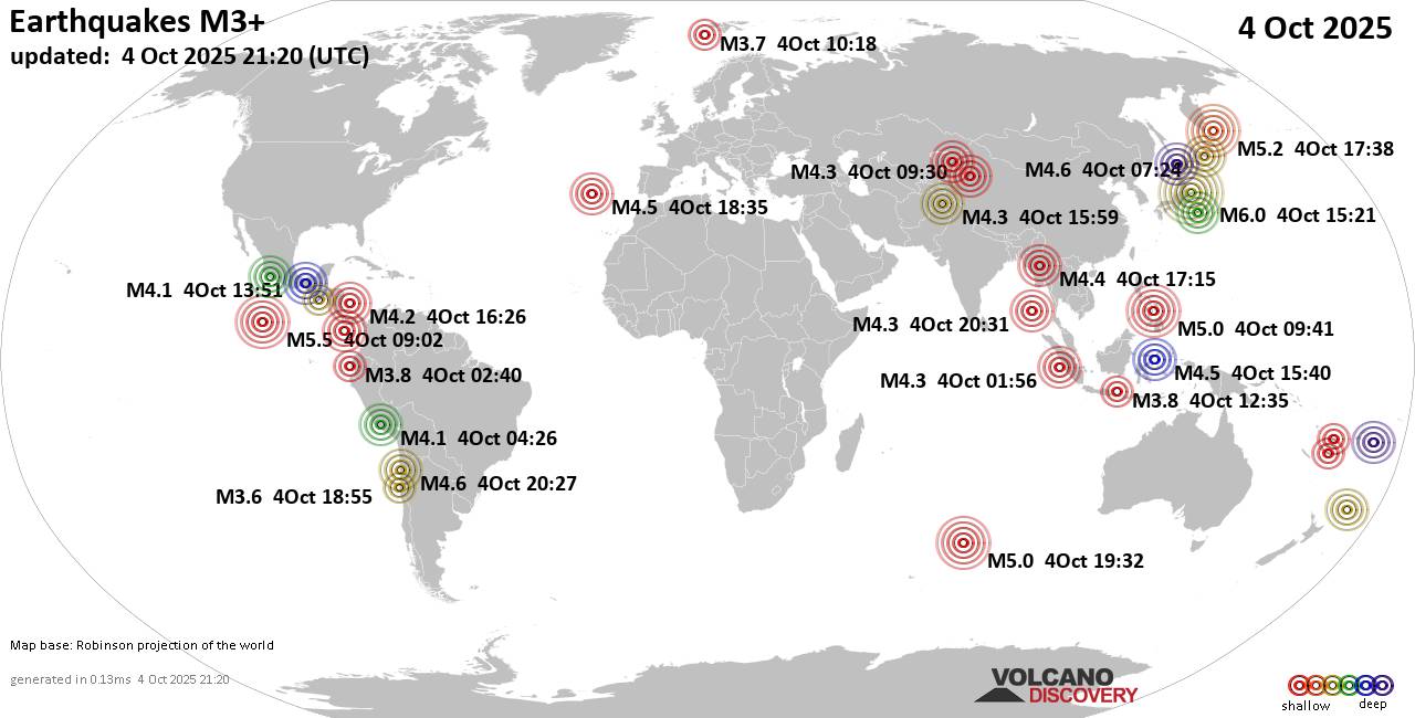 Mapa mundial que muestra terremotos de magnitud 3 en las últimas 24 horas  4 octubre 2025