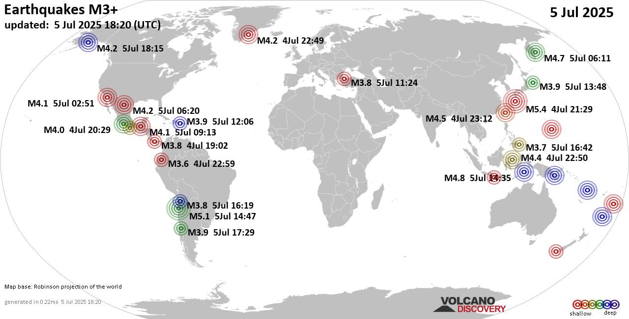 World Earthquake Report for Saturday, 5 July 2025