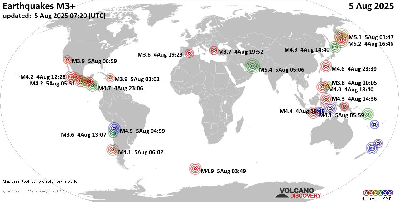 Worldwide earthquakes above magnitude 3 during the past 24 hours on  5 Aug 2025