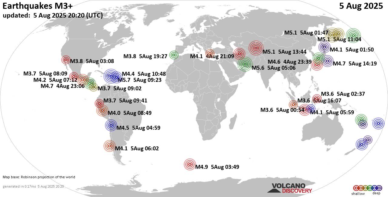 Mappa del mondo che mostra i terremoti sopra la magnitudo 3 nelle ultime 24 ore il  5 agosto 2025