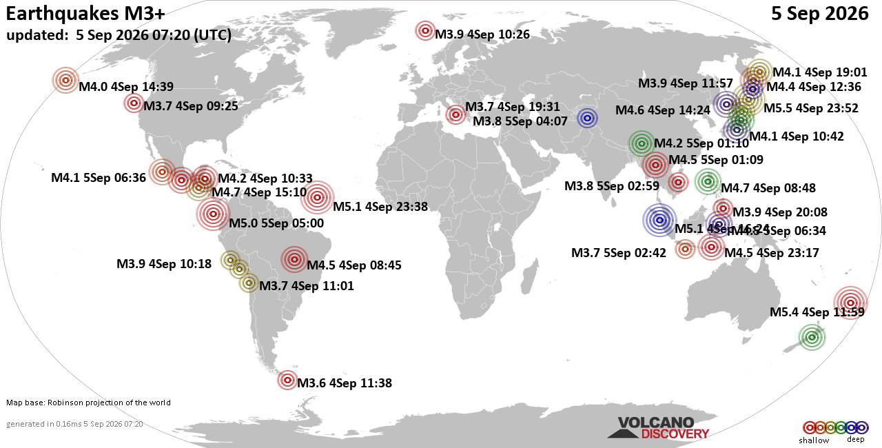 World Earthquake Report for Saturday, 5 September 2026
			