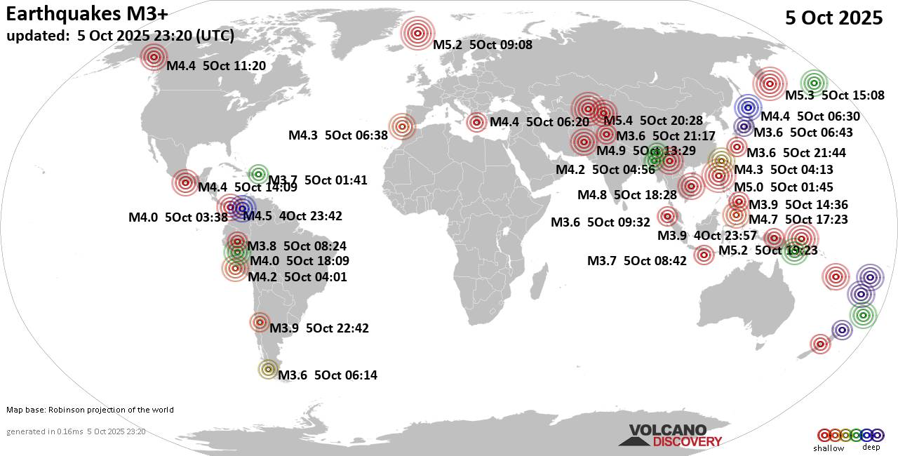 Carte du monde montrant les séismes supérieurs à la magnitude 3 dimanche,  5 octobre 2025