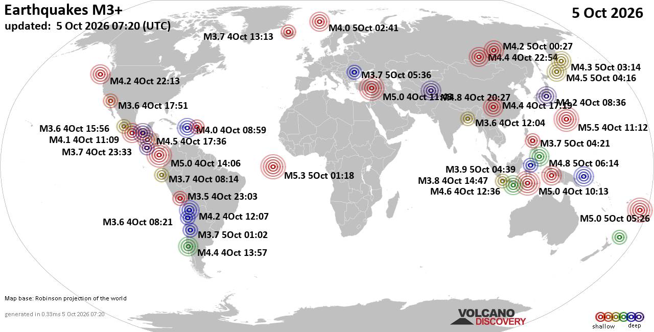 World Earthquake Report for Monday, 5 October 2026
			