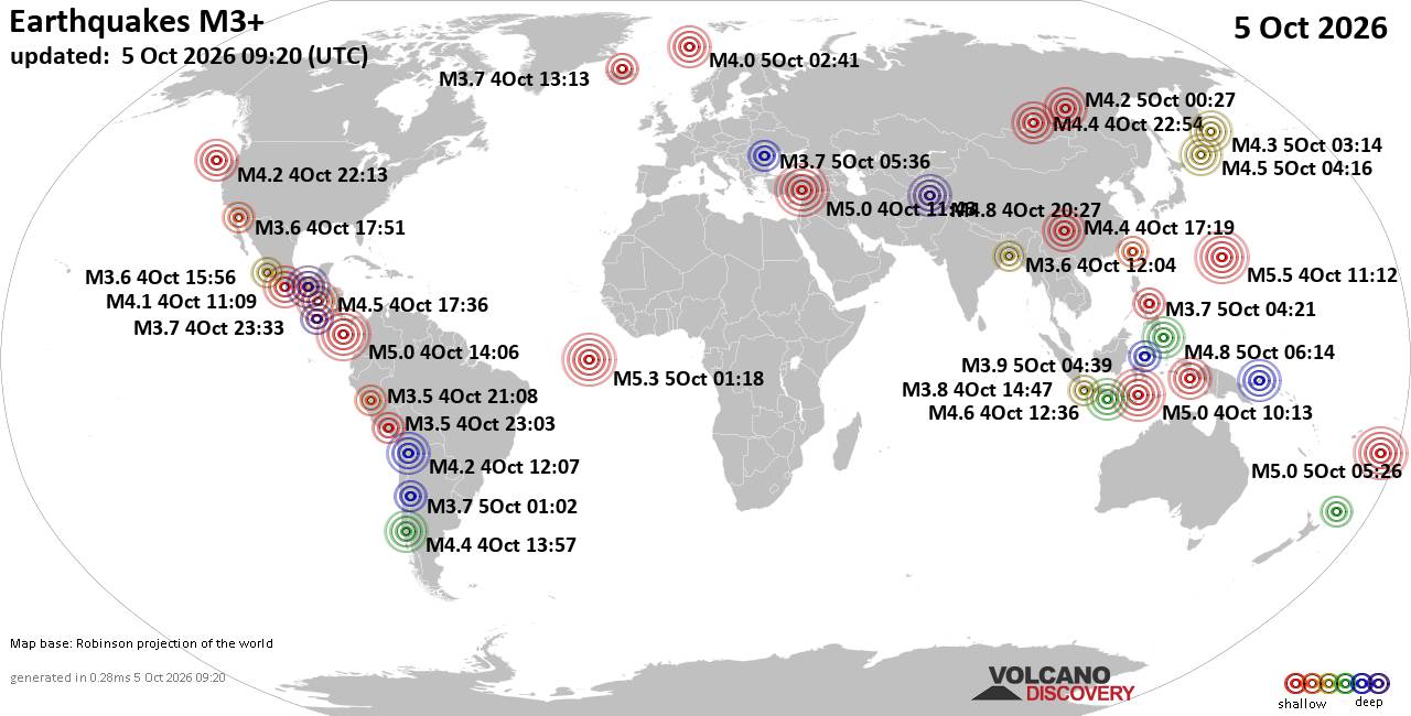 World Earthquake Report for Monday, 5 October 2026
			