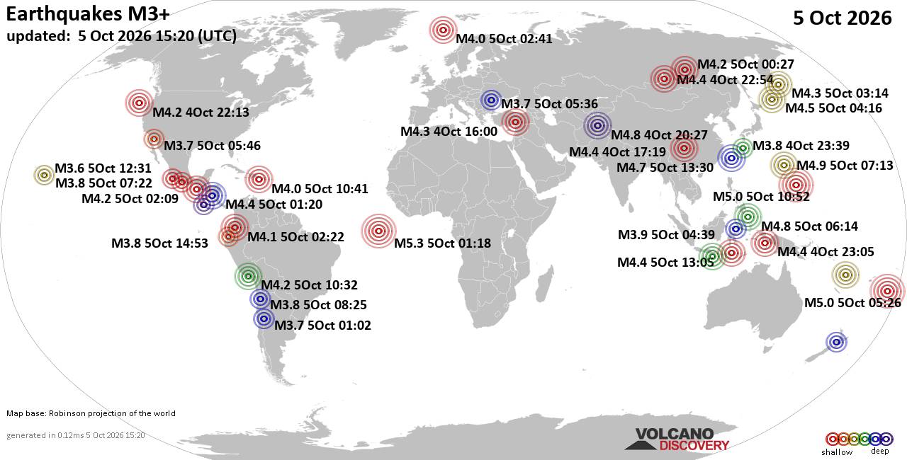 World Earthquake Report for Monday, 5 October 2026
			