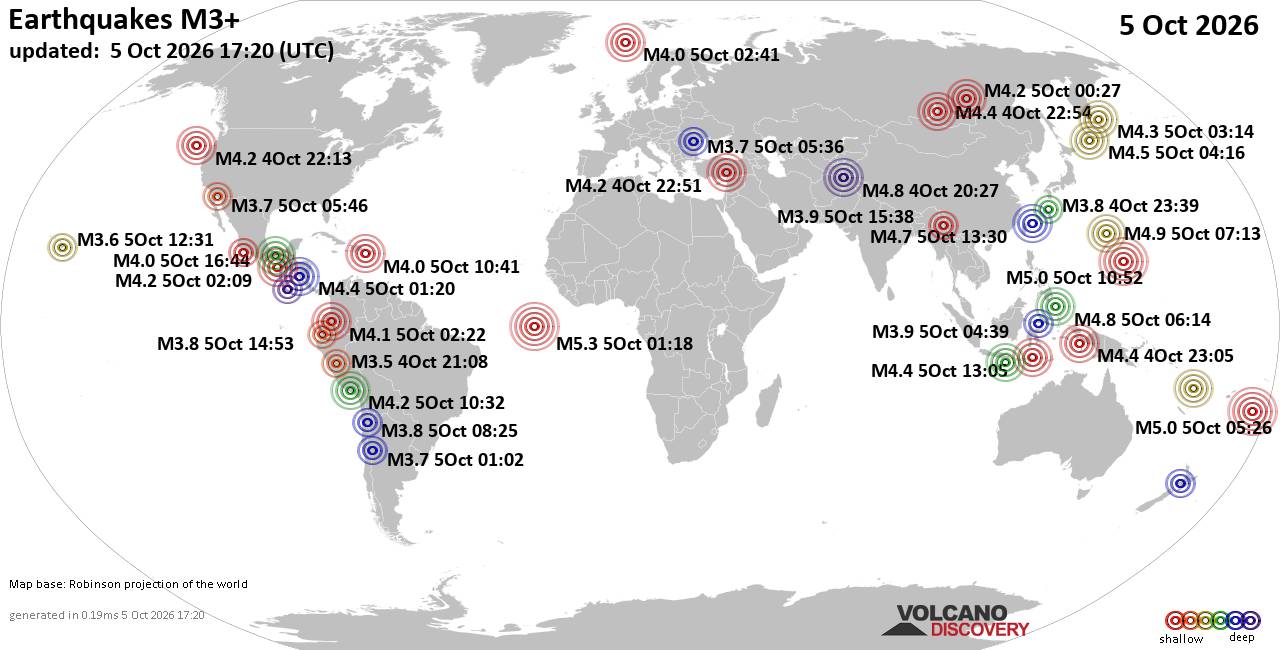 World Earthquake Report for Monday, 5 October 2026
			