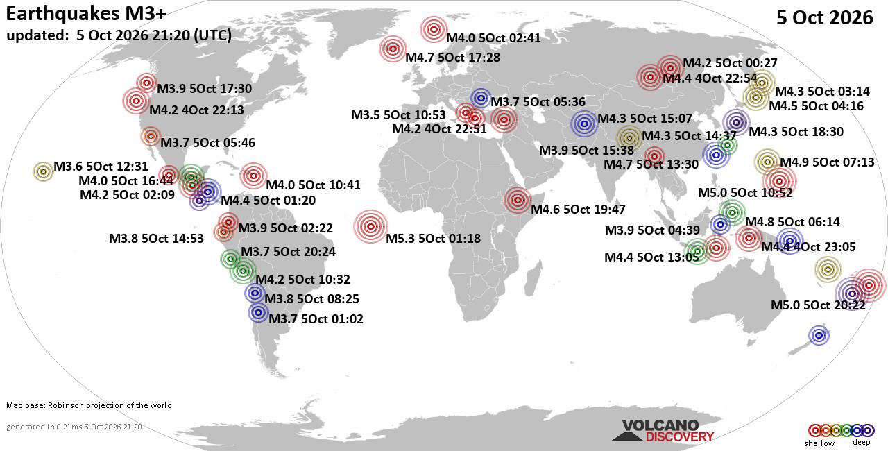World Earthquake Report for Monday, 5 October 2026
			