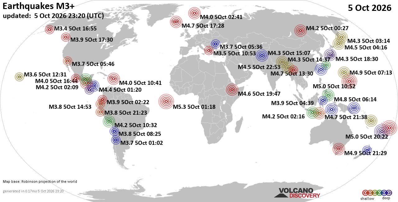 World Earthquake Report for Monday, 5 October 2026
			
