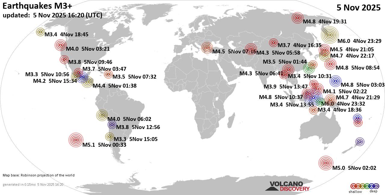 Weltkarte mit Erdbeben über Magnitude 3 während den letzten 24 Stunden past 24 hours am  5. November 2025