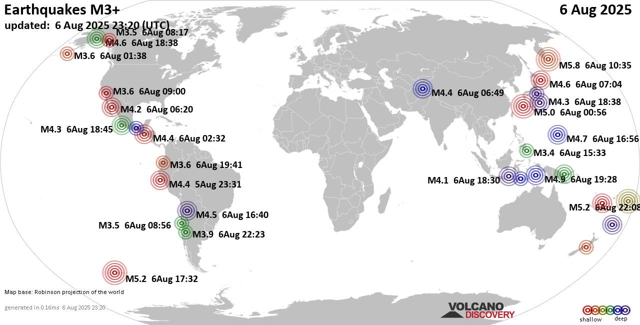Worldwide earthquakes above magnitude 3 during the past 24 hours on  6 Aug 2025